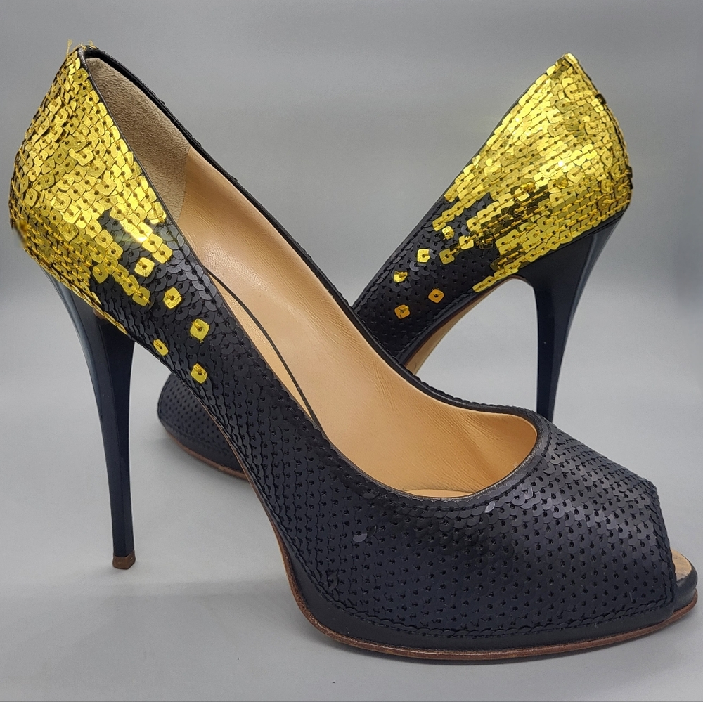 Giuseppe Zanotti Black and Gold Sequin Peep Toe Pumps